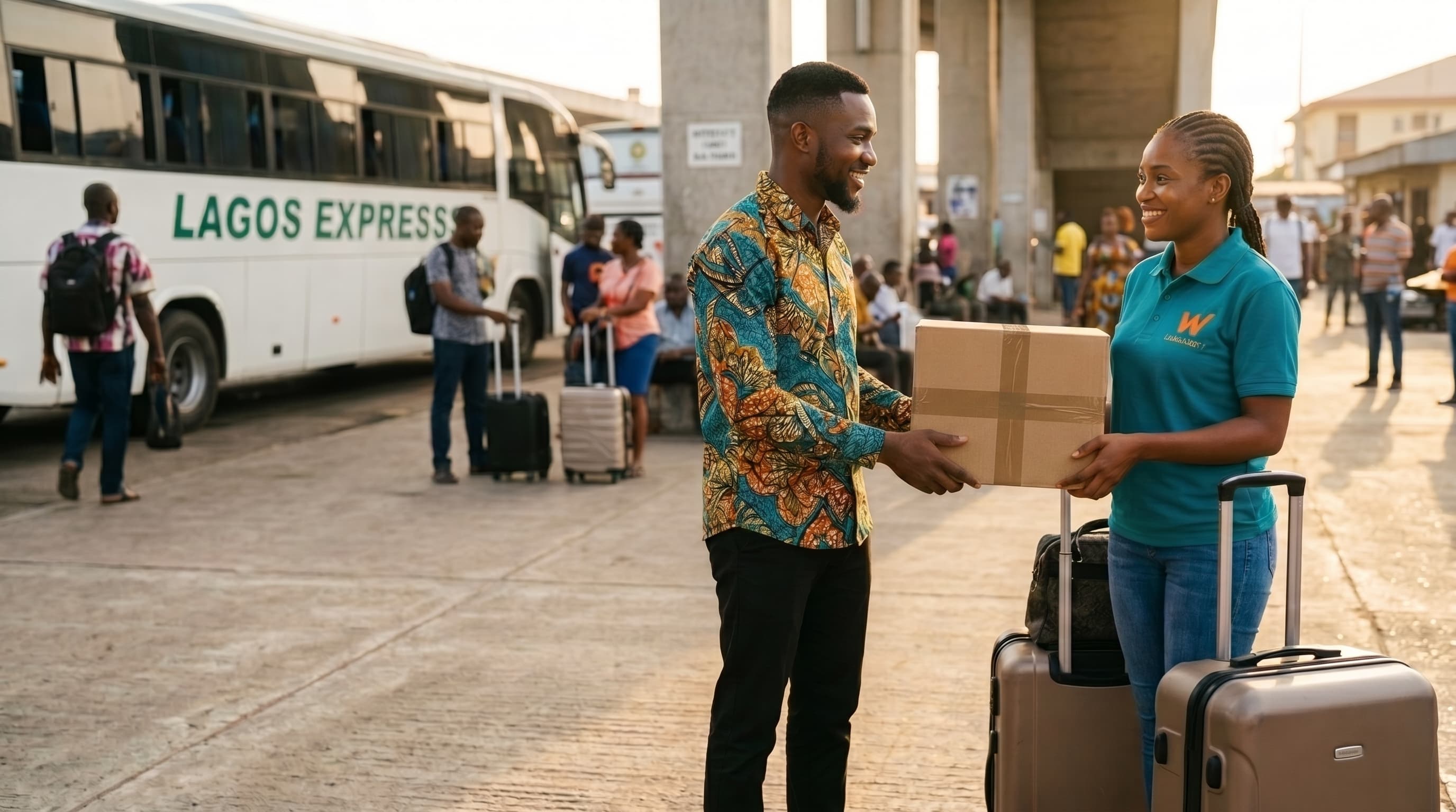 A young Nigerian man hands a package to a smiling female traveler with a suitcase at a Lagos transit hub.